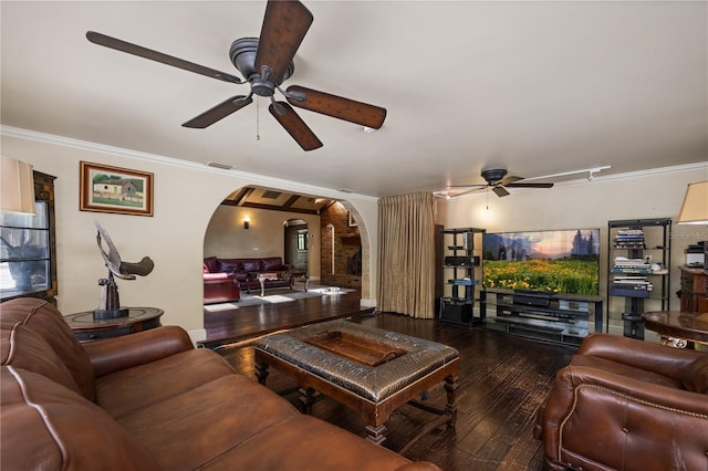 2009 Woody Dr, Windermere, FL 34786 - living room featuring arched walkways, a ceiling fan, hardwood / wood-style flooring, and crown molding
