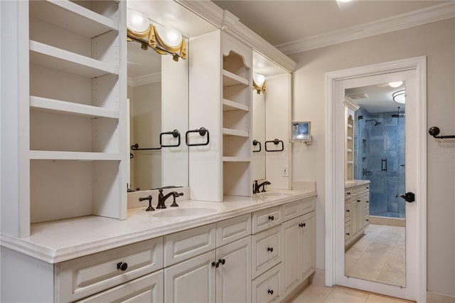 2009 Woody Dr, Windermere, FL 34786 - full bathroom with double vanity, crown molding, tile patterned flooring, and a shower