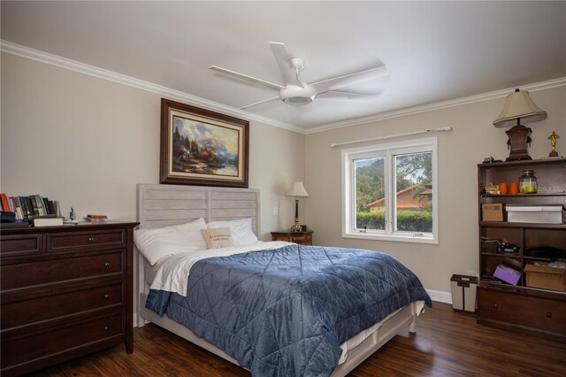 2009 Woody Dr, Windermere, FL 34786 - bedroom with ornamental molding, dark wood-style flooring, baseboards, and ceiling fan