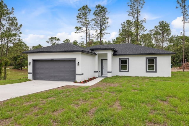 2565 W Laredo Dr, Citrus Springs, FL 34433 - prairie-style home with stucco siding, an attached garage, concrete driveway, a front yard, and roof with shingles