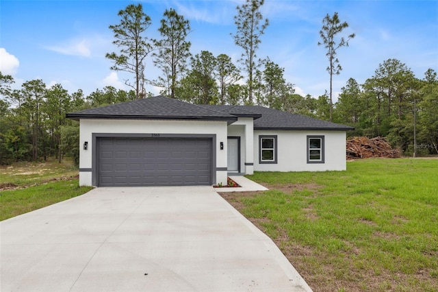 2565 W Laredo Dr, Citrus Springs, FL 34433 - view of front of house with stucco siding, a garage, a front yard, driveway, and a shingled roof