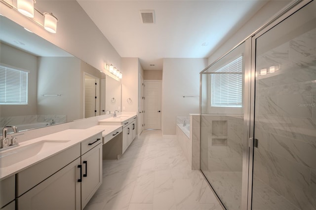 16055 Silver Brook Way, Winter Garden, FL 34787 - full bath featuring marble look tiles, double vanity, a bath, and a marble finish shower