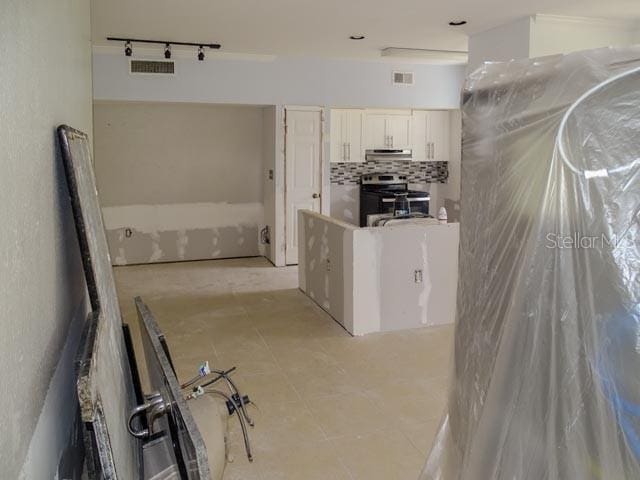 9584 Lake Chase Island Way Unit 958, Tampa, FL 33626 - kitchen featuring electric range, under cabinet range hood, rail lighting, and white cabinets