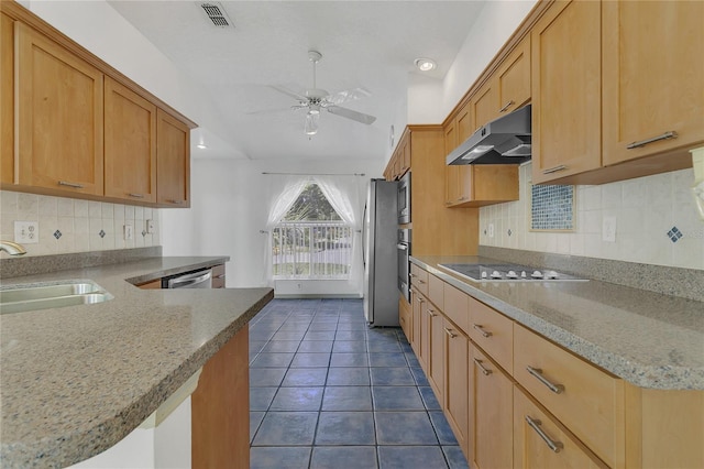 485 Whittingham Pl, Lake Mary, FL 32746 - kitchen with under cabinet range hood, stainless steel appliances, a ceiling fan, tasteful backsplash, and dark tile patterned floors