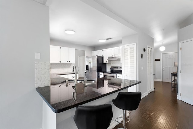 1616 Golden Poppy Ct, Orlando, FL 32824 - kitchen with appliances with stainless steel finishes, under cabinet range hood, a peninsula, backsplash, and dark wood-style floors