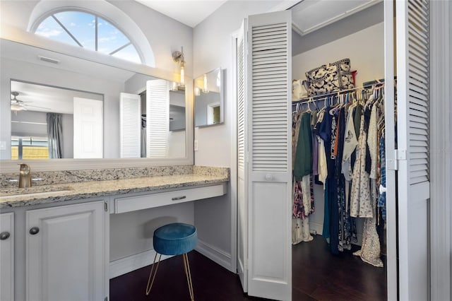 1616 Golden Poppy Ct, Orlando, FL 32824 - bathroom with wood finished floors, vanity, a ceiling fan, a spacious closet, and baseboards