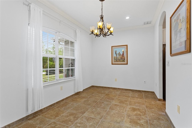 41128 Apple St, Eustis, FL 32736 - empty room with arched walkways, a chandelier, stone finish floors, crown molding, and baseboards