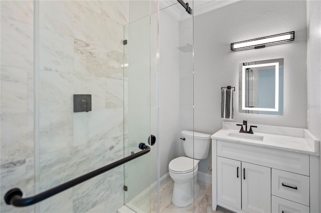 2110 W Farwell Dr, Tampa, FL 33603 - full bathroom featuring a stall shower, vanity, toilet, and crown molding