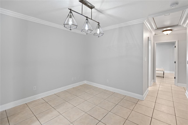 2110 W Farwell Dr, Tampa, FL 33603 - empty room with light tile patterned floors, crown molding, a smoke detector, baseboards, and attic access