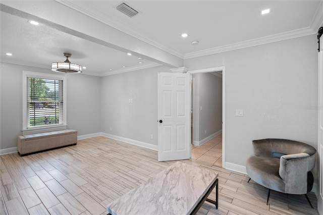 2110 W Farwell Dr, Tampa, FL 33603 - sitting room with baseboards, wood finish floors, recessed lighting, ornamental molding, and a barn door