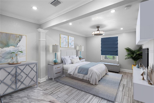 2110 W Farwell Dr, Tampa, FL 33603 - bedroom featuring recessed lighting, light wood finished floors, crown molding, baseboards, and decorative columns