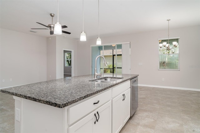 7308 Hermes Ct, Apollo Beach, FL 33572 - kitchen featuring a sink, stainless steel dishwasher, a kitchen island with sink, and healthy amount of natural light