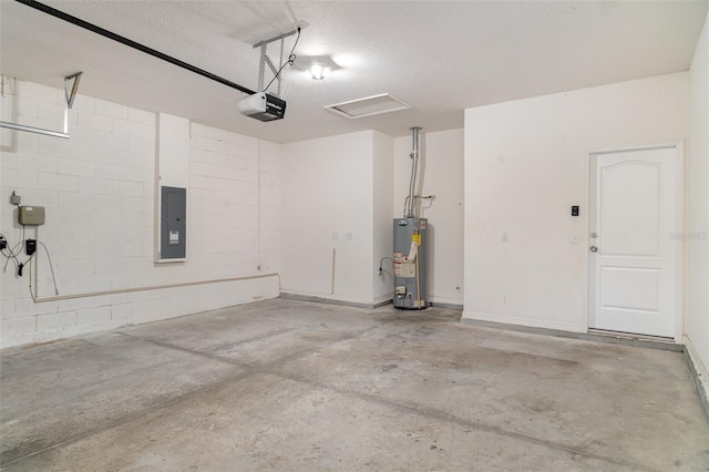 7308 Hermes Ct, Apollo Beach, FL 33572 - garage with water heater, electric panel, a garage door opener, and concrete block wall