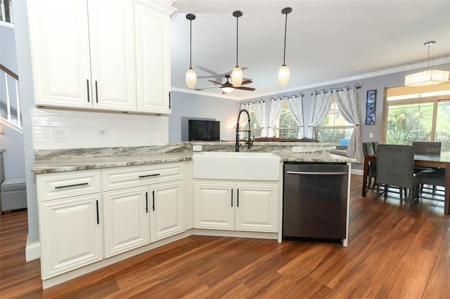 319 Morning View Dr, Winter Garden, FL 34787 - kitchen with dishwasher, dark wood-style flooring, a ceiling fan, decorative backsplash, and ornamental molding