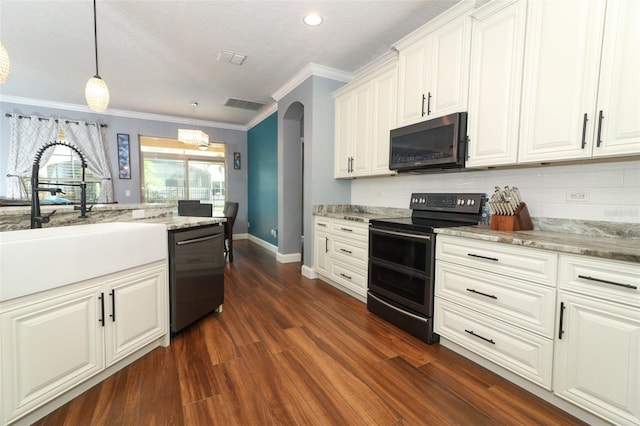 319 Morning View Dr, Winter Garden, FL 34787 - kitchen with electric range oven, dishwashing machine, crown molding, dark wood-style flooring, and white cabinetry