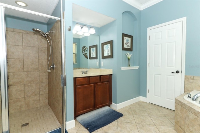 319 Morning View Dr, Winter Garden, FL 34787 - bathroom with a stall shower, a garden tub, vanity, tile patterned flooring, and crown molding