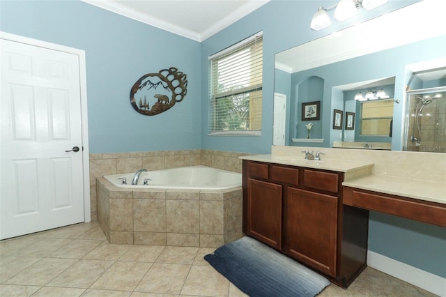 319 Morning View Dr, Winter Garden, FL 34787 - bathroom with a garden tub, vanity, a stall shower, crown molding, and tile patterned floors