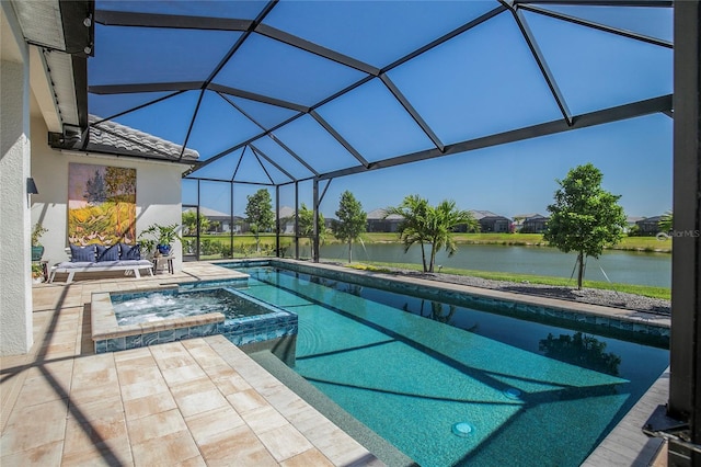 4754 Manning Ct, Sarasota, FL 34240 - view of swimming pool with a water view, a patio, a pool with connected hot tub, and glass enclosure