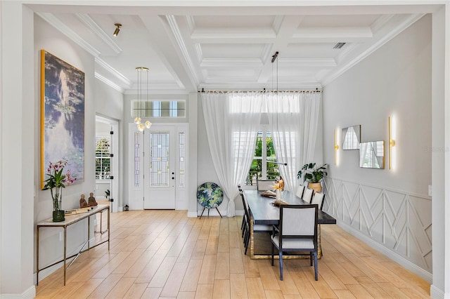 4754 Manning Ct, Sarasota, FL 34240 - dining space with light wood-type flooring, beam ceiling, coffered ceiling, ornamental molding, and a chandelier
