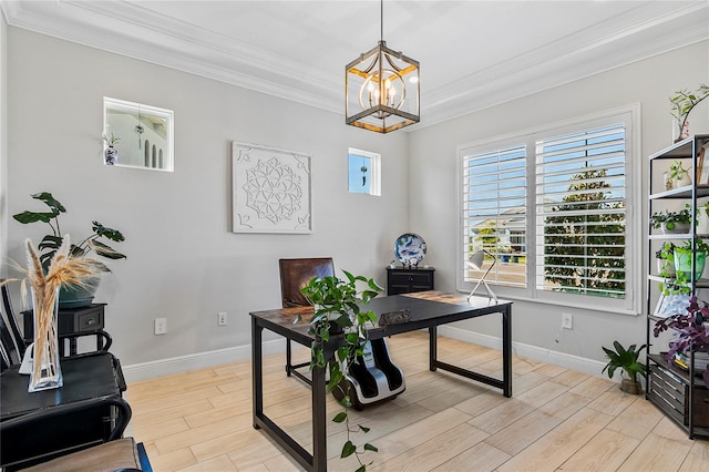 4754 Manning Ct, Sarasota, FL 34240 - office space featuring ornamental molding, a chandelier, baseboards, and light wood finished floors