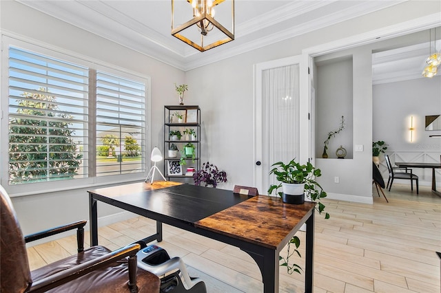 4754 Manning Ct, Sarasota, FL 34240 - office with a chandelier, light wood finished floors, ornamental molding, and baseboards