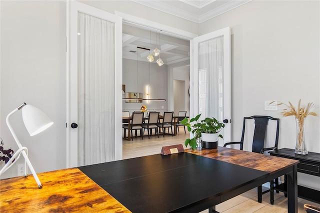 4754 Manning Ct, Sarasota, FL 34240 - dining area with wood finished floors, crown molding, and beam ceiling