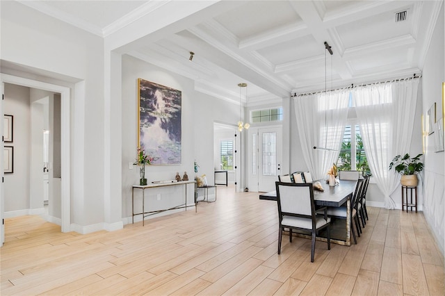 4754 Manning Ct, Sarasota, FL 34240 - dining area featuring wood finished floors, beam ceiling, baseboards, coffered ceiling, and ornamental molding