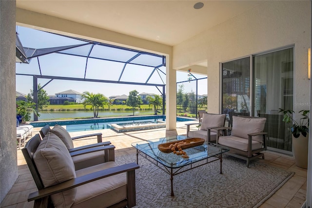 4754 Manning Ct, Sarasota, FL 34240 - view of patio / terrace with an outdoor pool, a lanai, outdoor lounge area, and a water view