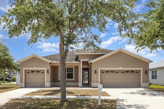 11621 Ashton Field Ave, Riverview, FL 33579 - ranch-style home featuring a garage, driveway, stucco siding, and roof with shingles