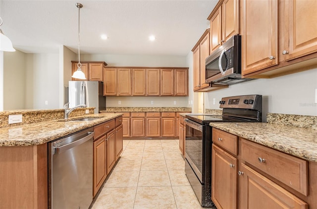 11621 Ashton Field Ave, Riverview, FL 33579 - kitchen with stainless steel appliances, a sink, light stone countertops, recessed lighting, and light tile patterned flooring