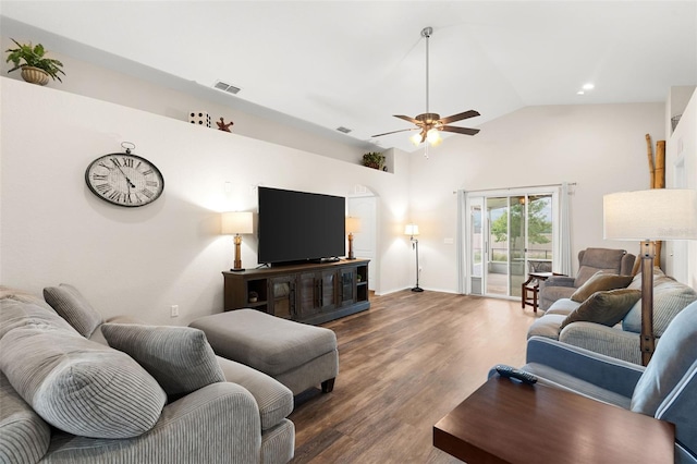 1805 Kingsmill Dr, Bartow, FL 33830 - living room featuring a ceiling fan, wood finished floors, high vaulted ceiling, and baseboards