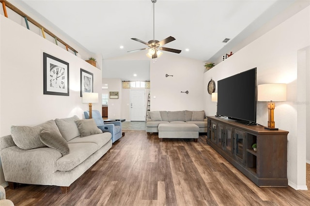 1805 Kingsmill Dr, Bartow, FL 33830 - living area with wood finished floors, ceiling fan, and vaulted ceiling