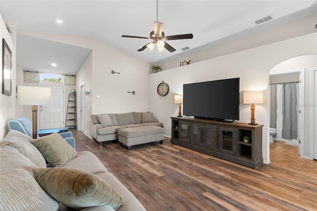 1805 Kingsmill Dr, Bartow, FL 33830 - living area with vaulted ceiling, wood finished floors, arched walkways, and ceiling fan