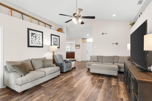 1805 Kingsmill Dr, Bartow, FL 33830 - living room featuring a ceiling fan, dark wood-type flooring, a high ceiling, and recessed lighting