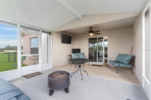 1805 Kingsmill Dr, Bartow, FL 33830 - sunroom / solarium featuring an outdoor fire pit, ceiling fan, and plenty of natural light