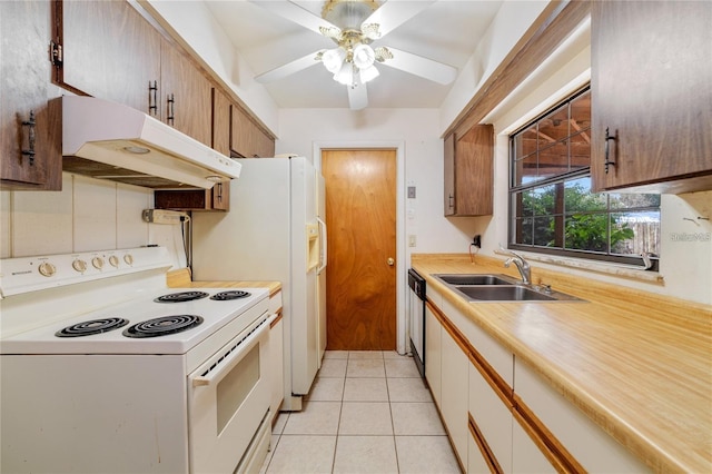7024 Harwick Dr, Orlando, FL 32818 - kitchen with white range with electric stovetop, under cabinet range hood, a sink, light countertops, and a ceiling fan