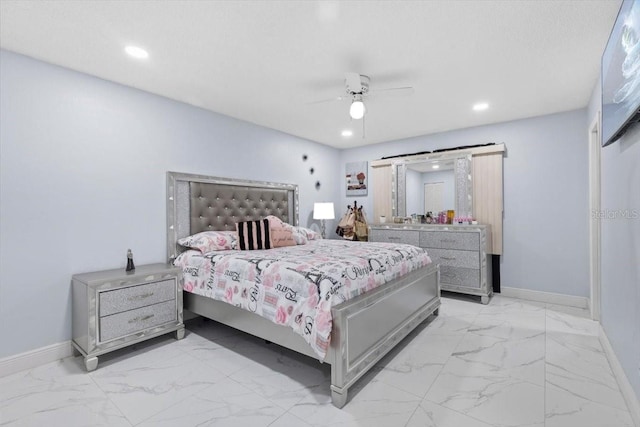 14506 Sutter Pl, Tampa, FL 33625 - bedroom featuring light marble finish floors, baseboards, recessed lighting, and ceiling fan