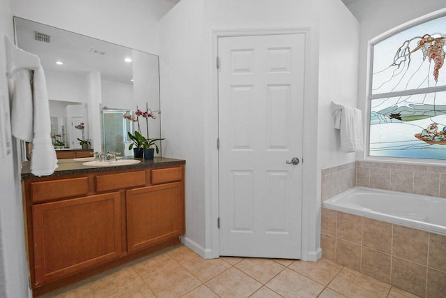 13631 Via Roma Cir, Clermont, FL 34711 - bathroom featuring vanity, a bath, tile patterned flooring, a shower stall, and plenty of natural light