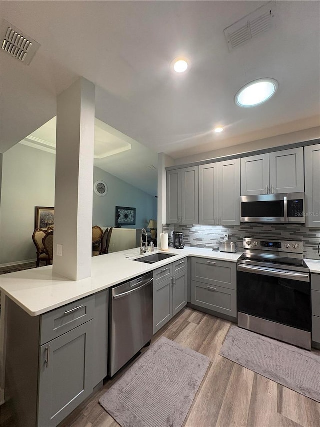 1212 Georgia Trace Ave, Valrico, FL 33596 - kitchen featuring stainless steel appliances, gray cabinets, a sink, light wood-type flooring, and vaulted ceiling