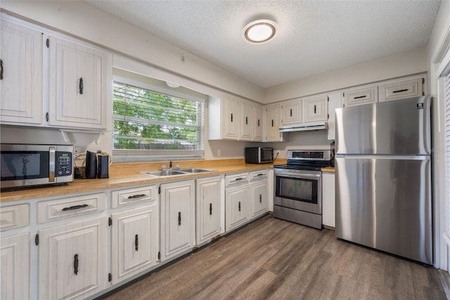 1198 E Hancock Dr, Deltona, FL 32725 - kitchen with appliances with stainless steel finishes, a sink, under cabinet range hood, light countertops, and dark wood-style floors