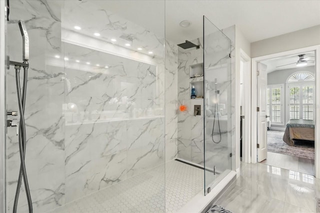 704 Honeysuckle Ave, Kissimmee, FL 34747 - ensuite bathroom with a marble finish shower, a ceiling fan, marble finish floors, and recessed lighting