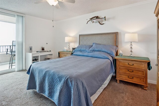 3360 Ocean Shore Blvd Unit 4050, Ormond Beach, FL 32176 - carpeted bedroom featuring a textured ceiling, access to outside, and a ceiling fan