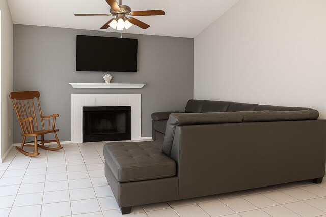 1108 Northlake Dr Unit 1108, Sanford, FL 32773 - living area with ceiling fan, a tiled fireplace, light tile patterned floors, and baseboards