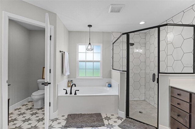 5478 NW 153rd Ct, Morriston, FL 32668 - bathroom with a garden tub, a stall shower, toilet, tile patterned floors, and recessed lighting