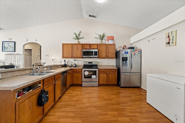 1321 Dunbarton Ct, Kissimmee, FL 34758 - kitchen featuring stainless steel appliances, vaulted ceiling, a peninsula, a sink, and arched walkways