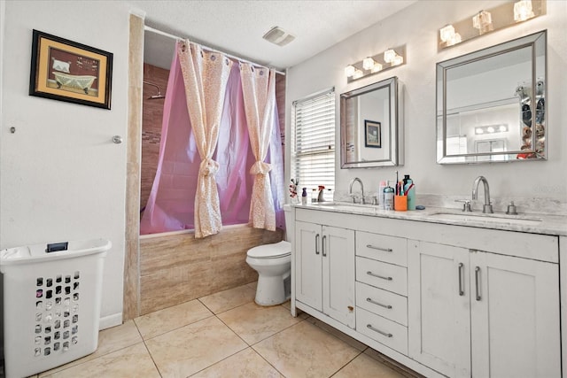 1321 Dunbarton Ct, Kissimmee, FL 34758 - full bath with toilet, double vanity, curtained shower, tile patterned flooring, and a textured ceiling