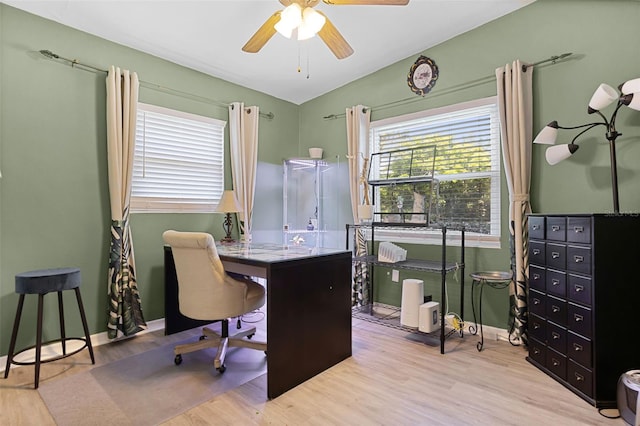 826 Cherokee Cir, Sanford, FL 32773 - office area featuring ceiling fan, wood finished floors, and baseboards