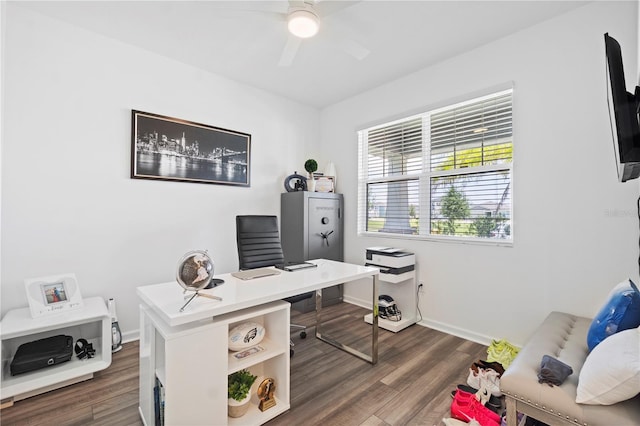 2227 Blue Salvia St, Clermont, FL 34711 - home office with a ceiling fan, dark wood-type flooring, and baseboards