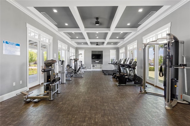 2227 Blue Salvia St, Clermont, FL 34711 - gym with coffered ceiling, baseboards, beam ceiling, recessed lighting, and ornamental molding