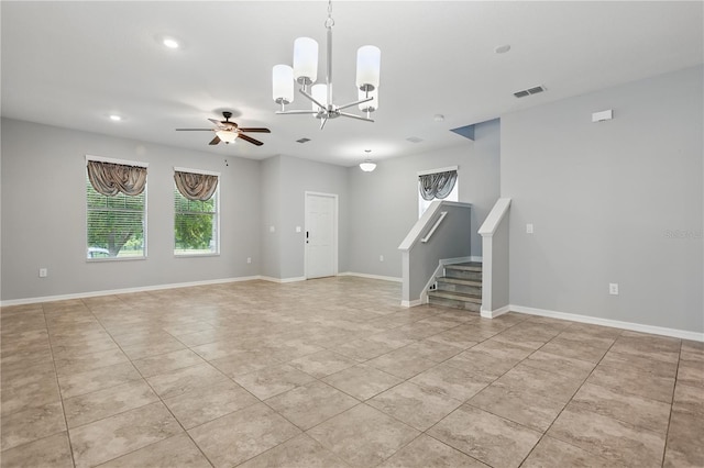 10172 Storey Grove Way, Winter Garden, FL 34787 - tiled spare room featuring stairway, a chandelier, a ceiling fan, recessed lighting, and baseboards